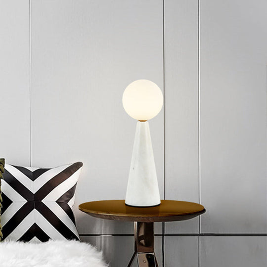 Modern Milk Glass Ball Desk Light - 1 Bulb Table Lamp With Black/White Marble Base