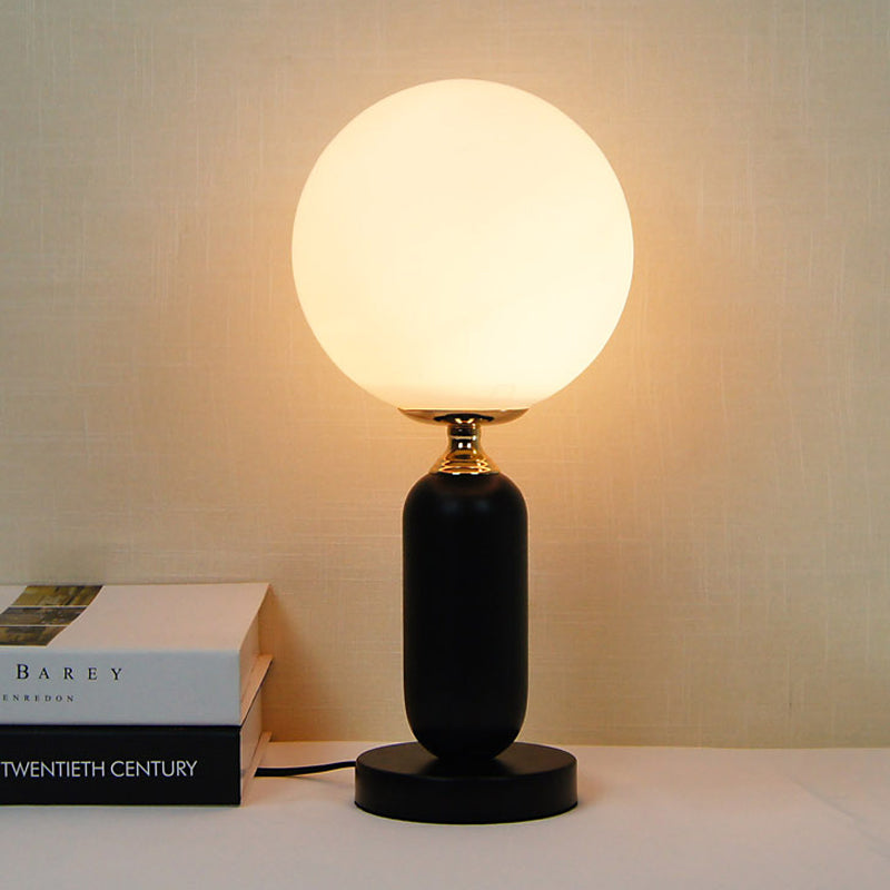 Modern Black Study Table Lamp With Round White Glass Shade - Ideal For Reading And Studying