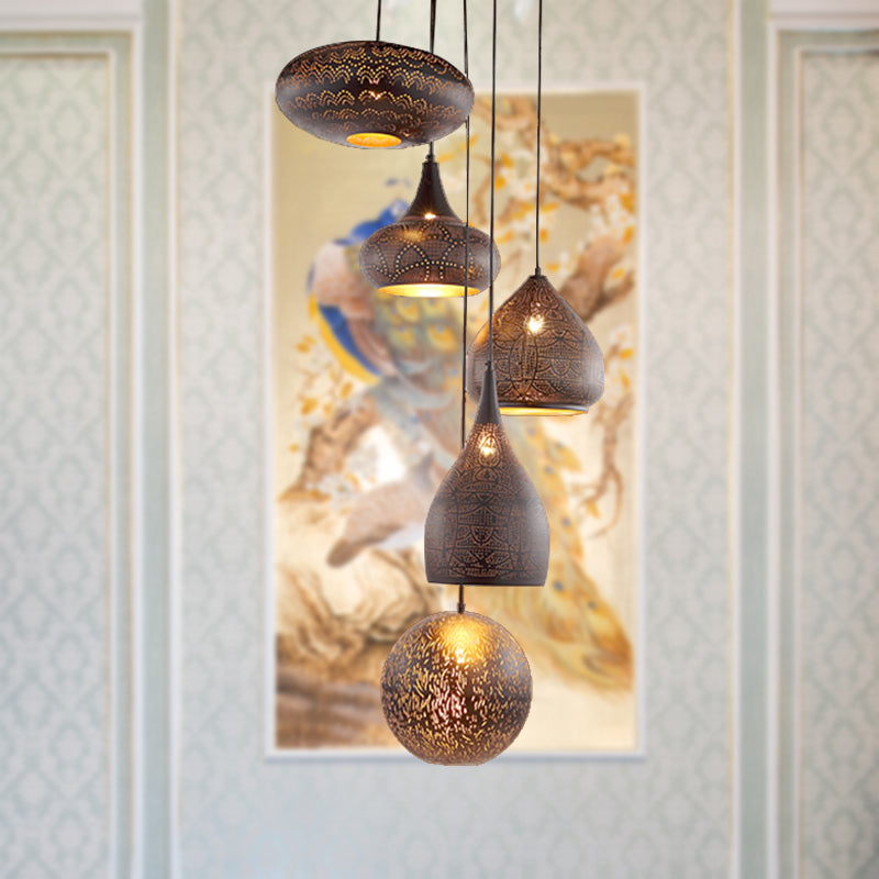 Antiqued Hollowed Out Pendant Lamp - 5 Heads Black/Silver/Brass With Round Canopy