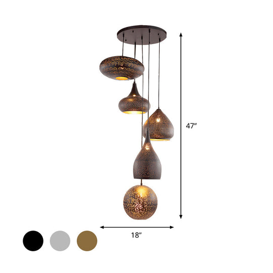 Antiqued Hollowed Out Pendant Lamp - 5 Heads Black/Silver/Brass With Round Canopy