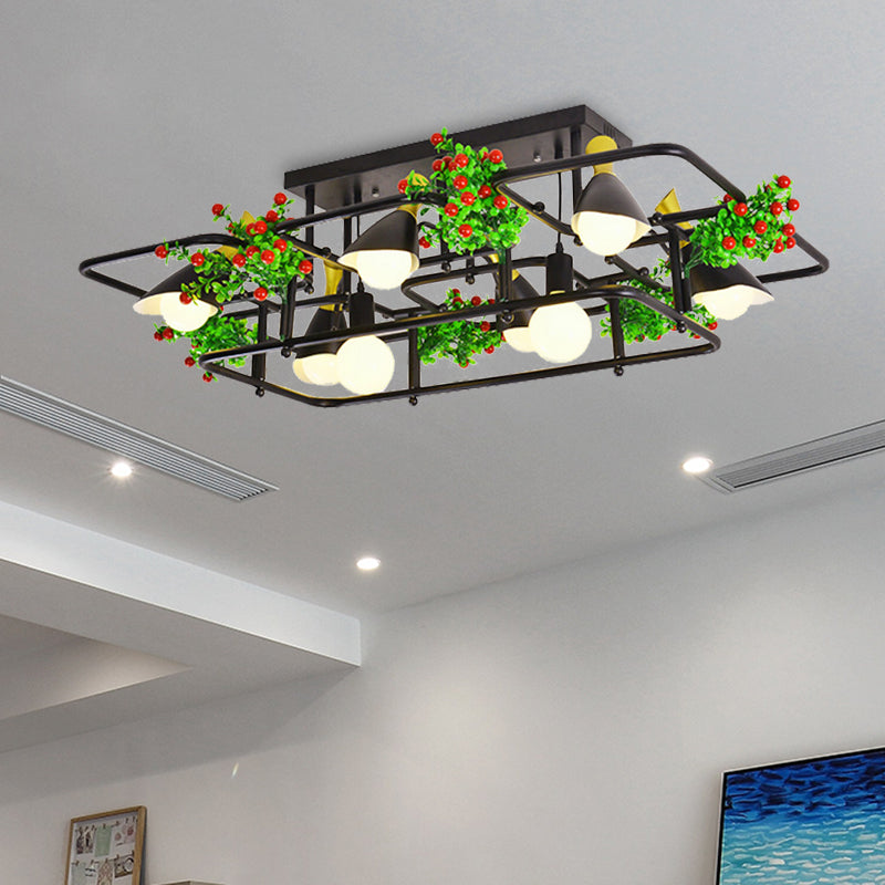 5/8 Lights Industrial Black Metal Semi Flush Mount Ceiling Lighting for Living Room - Square/Rectangle Shape