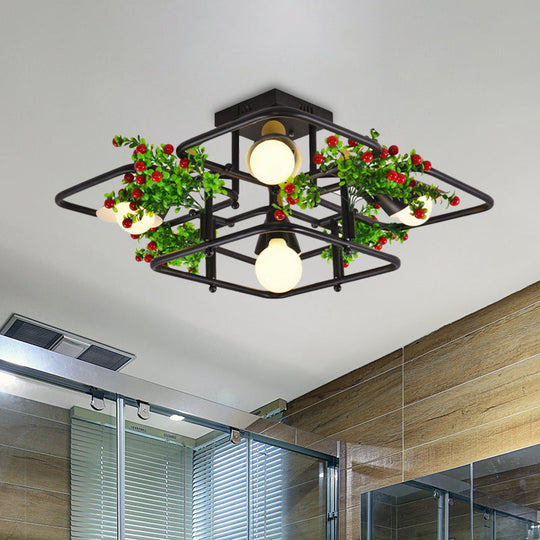 5/8 Lights Industrial Black Metal Semi Flush Mount Ceiling Lighting for Living Room - Square/Rectangle Shape