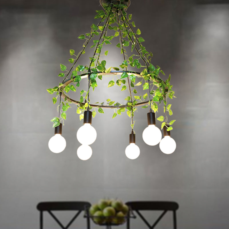 Bare Bulb Cluster Pendant Industrial Metal 6 Bulb Black Ceiling Lamp with Plant Decor - Restaurant Style