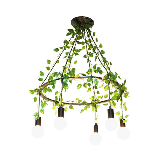 Industrial Metal Cluster Pendant With 6 Bare Bulbs And Plant Decor For Restaurants