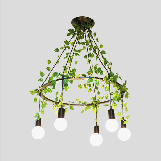 Bare Bulb Cluster Pendant Industrial Metal 6 Bulb Black Ceiling Lamp with Plant Decor - Restaurant Style