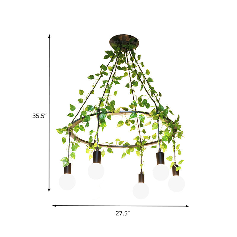 Bare Bulb Cluster Pendant Industrial Metal 6 Bulb Black Ceiling Lamp with Plant Decor - Restaurant Style