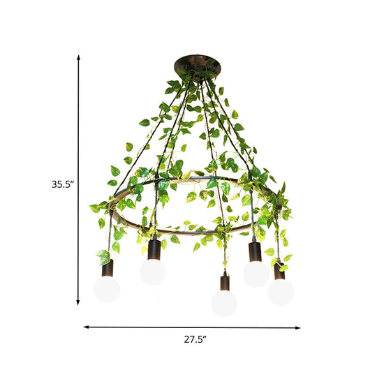 Bare Bulb Cluster Pendant Industrial Metal 6 Bulb Black Ceiling Lamp with Plant Decor - Restaurant Style