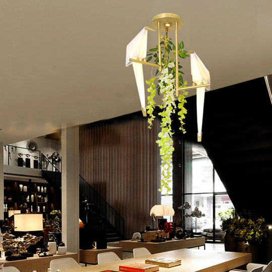 Industrial LED Geometric Ceiling Light Fixture in Gold with Metal Plant Design - Perfect for Restaurants