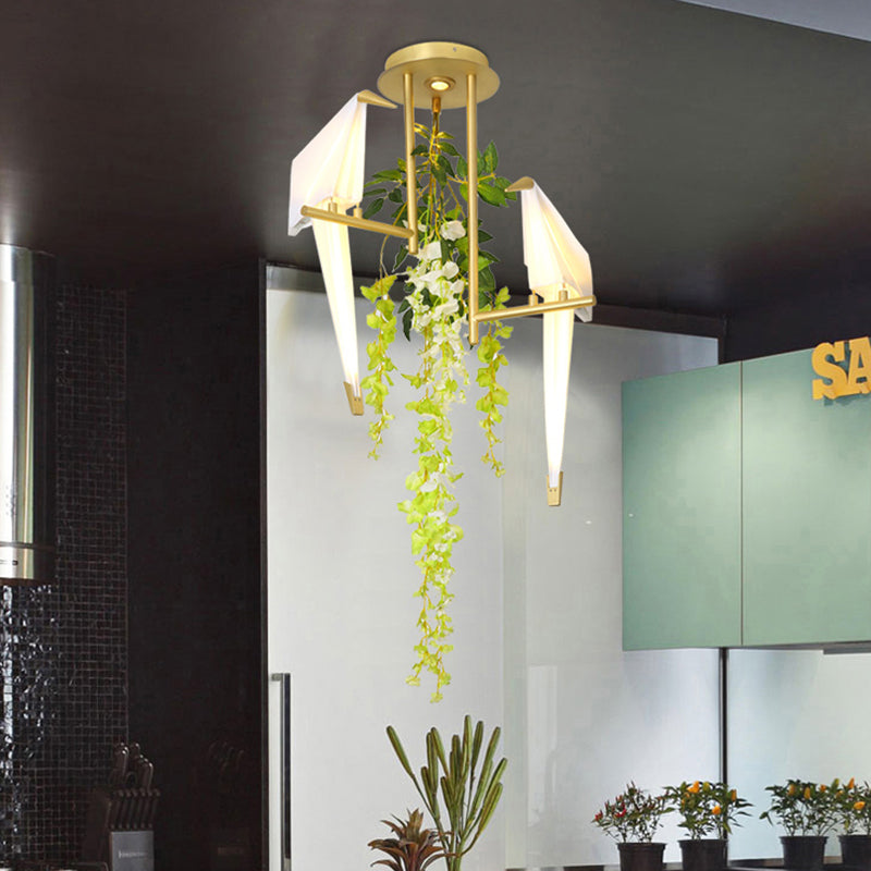 Industrial LED Geometric Ceiling Light Fixture in Gold with Metal Plant Design - Perfect for Restaurants