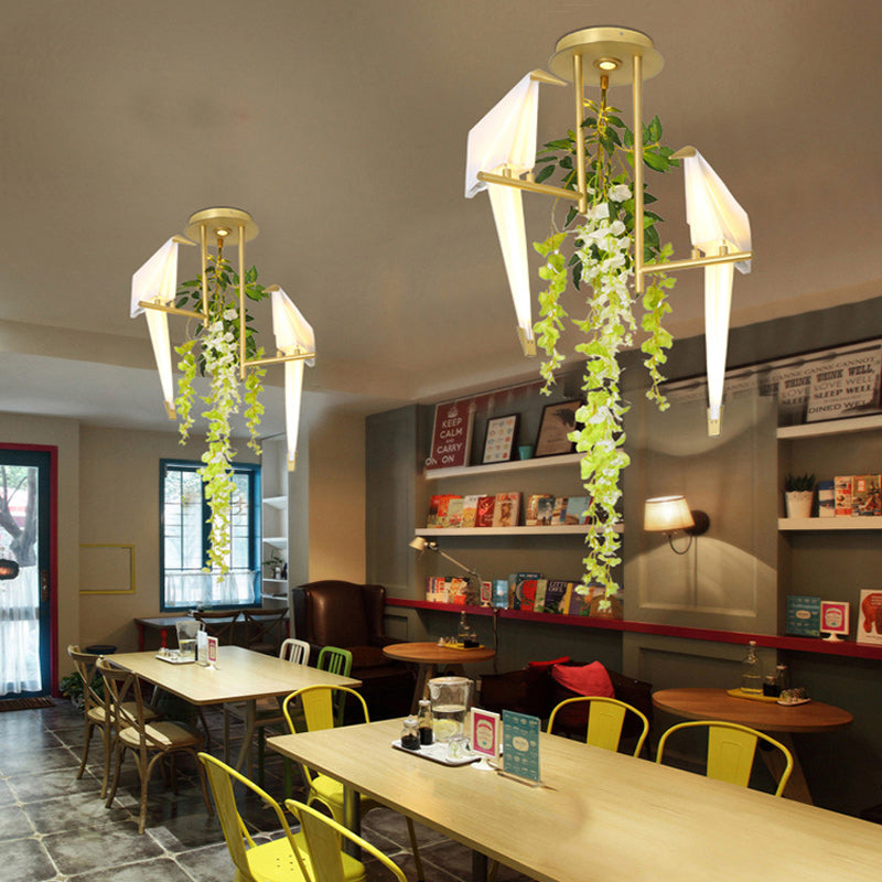 Industrial LED Geometric Ceiling Light Fixture in Gold with Metal Plant Design - Perfect for Restaurants