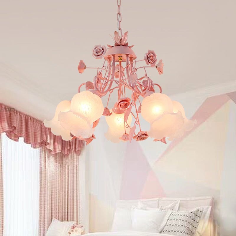 Korean Flower Metal Rose Chandelier Lamp - 5 Lights Pink Suspension Lighting For Living Room