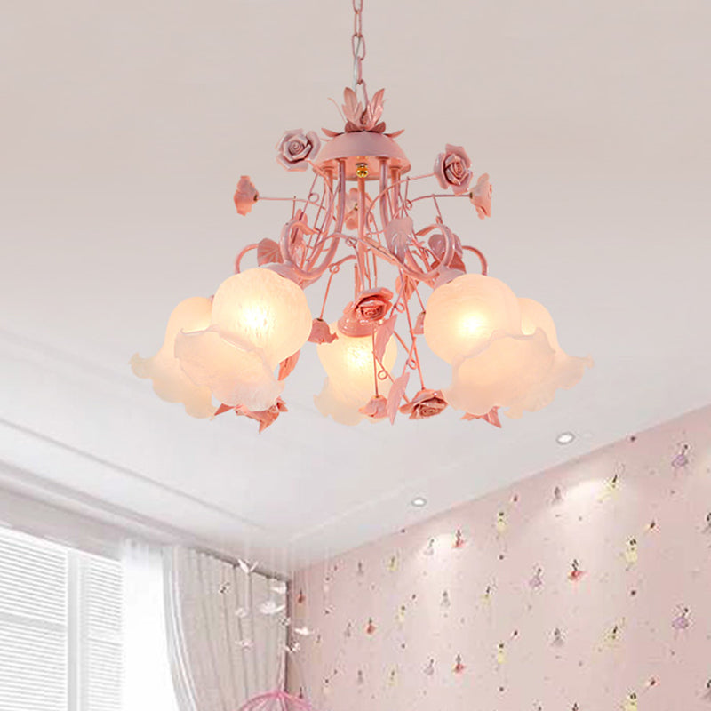 Korean Flower Metal Rose Chandelier Lamp - 5 Lights Pink Suspension Lighting For Living Room