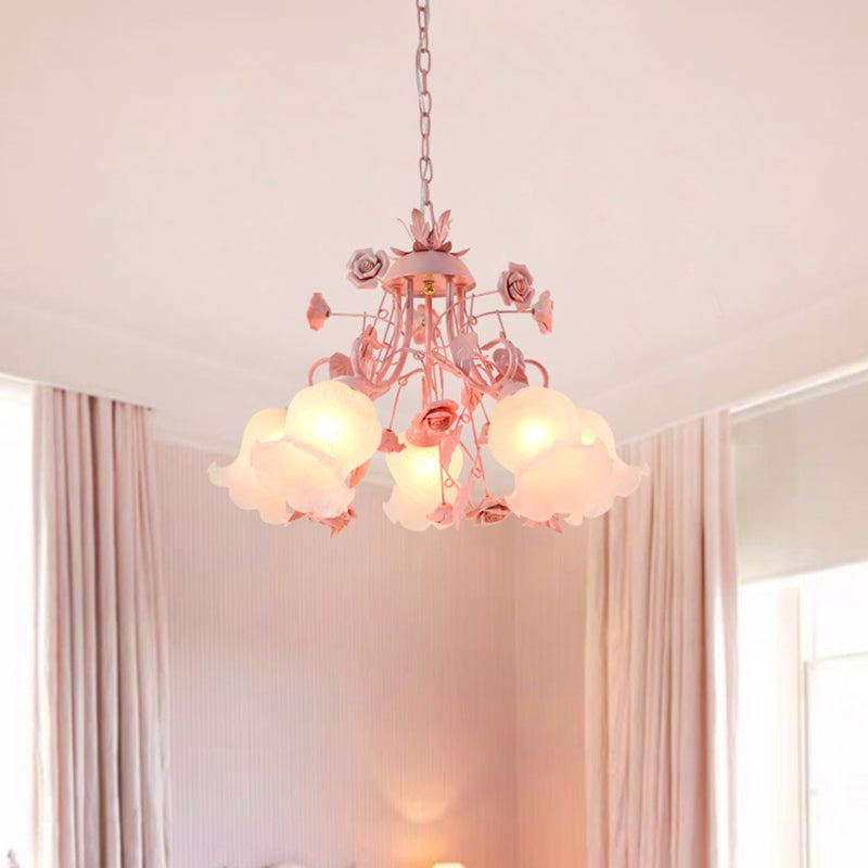 Korean Flower Metal Rose Chandelier Lamp - 5 Lights Pink Suspension Lighting For Living Room