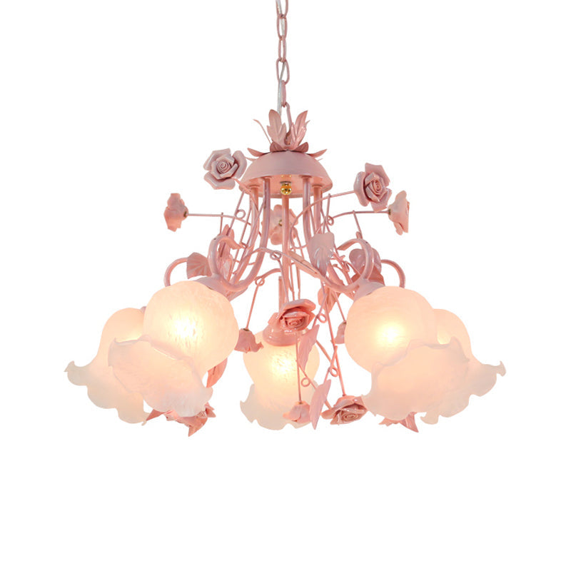 Korean Flower Metal Rose Chandelier Lamp - 5 Lights Pink Suspension Lighting For Living Room