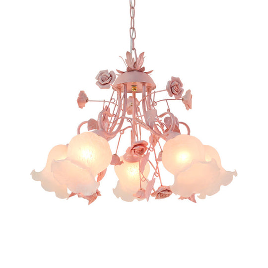 Korean Flower Metal Rose Chandelier Lamp - 5 Lights Pink Suspension Lighting For Living Room