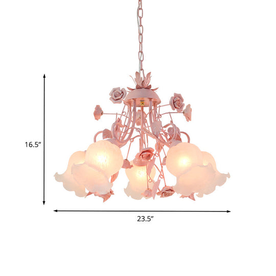 Korean Flower Metal Rose Chandelier Lamp - 5 Lights Pink Suspension Lighting For Living Room