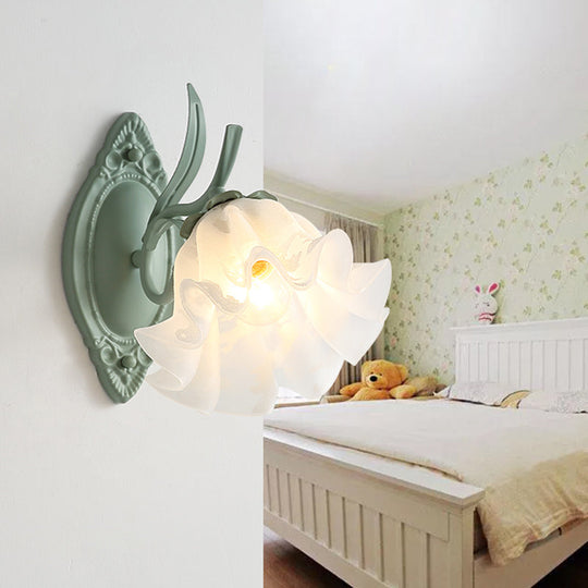 Korean Flower Metal Scalloped Bedroom Sconce Lamp With Gray And Green Wall Lighting Gray-Green