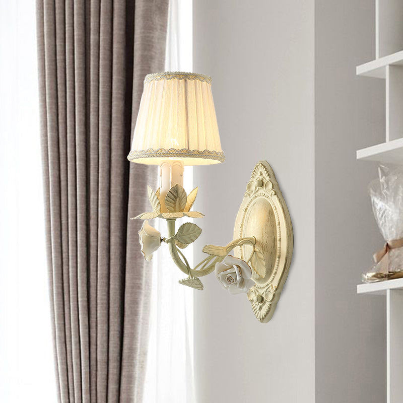 Pastoral Beige Wall Sconce With Fabric Shade - 1/2 Bulbs Flower Mount Lamp For Bedroom 1 /