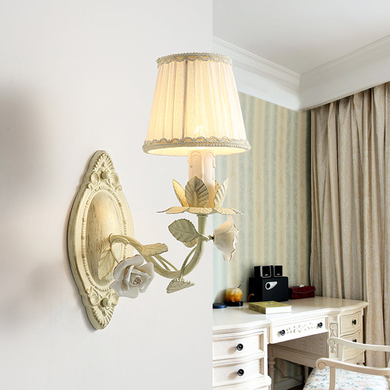 Pastoral Beige Wall Sconce With Fabric Shade - 1/2 Bulbs Flower Mount Lamp For Bedroom