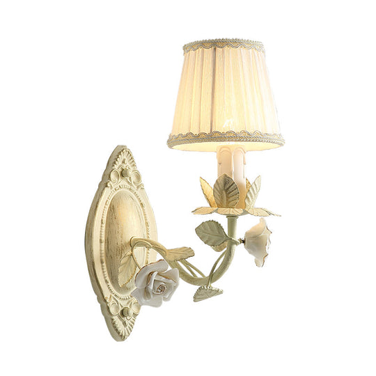 Pastoral Beige Wall Sconce With Fabric Shade - 1/2 Bulbs Flower Mount Lamp For Bedroom