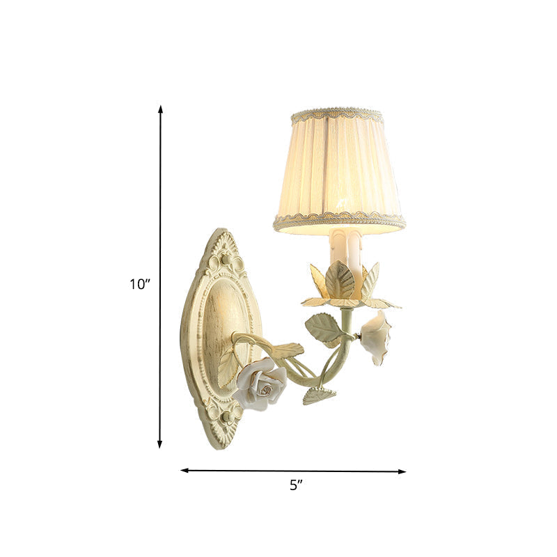 Pastoral Beige Wall Sconce With Fabric Shade - 1/2 Bulbs Flower Mount Lamp For Bedroom