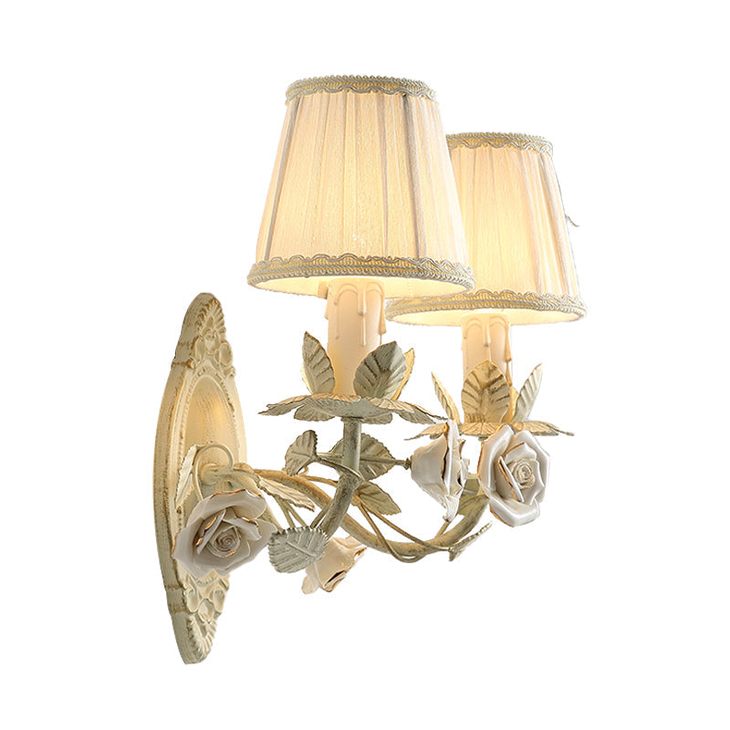 Pastoral Beige Wall Sconce With Fabric Shade - 1/2 Bulbs Flower Mount Lamp For Bedroom