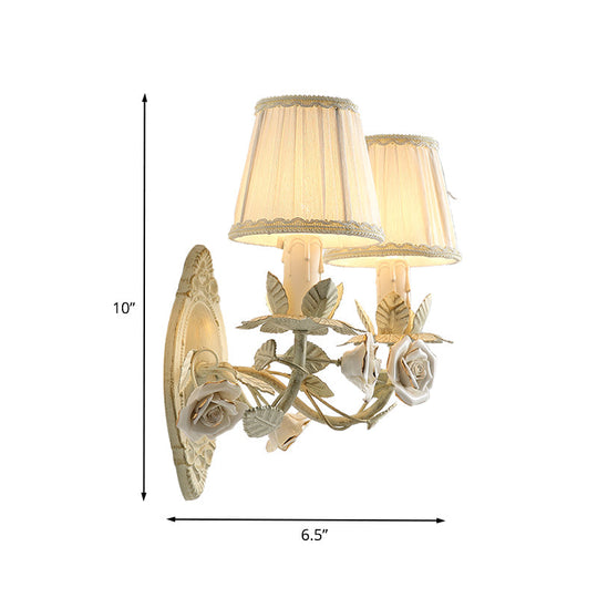 Pastoral Beige Wall Sconce With Fabric Shade - 1/2 Bulbs Flower Mount Lamp For Bedroom