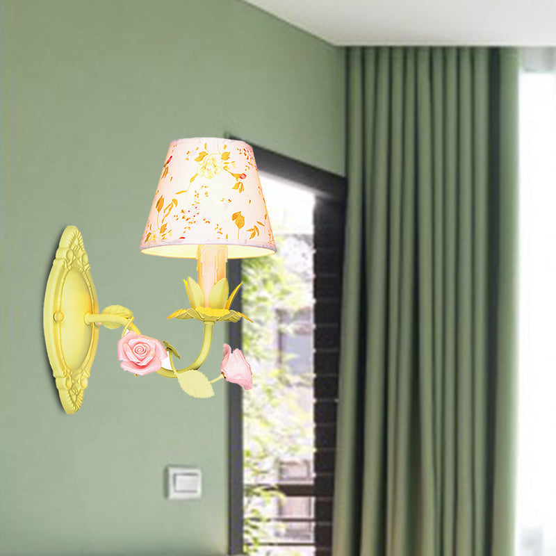 Pastoral Green Cone Wall Sconce - 1-Light Metal Fixture With Fabric Shade