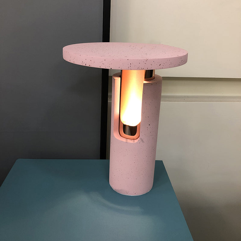 Modernist Stone Cylinder Nightstand Lamp In Pink - Perfect Bedside Reading Light