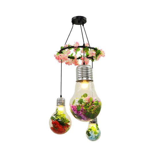 Industrial Pendant Ceiling Lamp - Clear Glass Bulb Cluster with 3 LED Lights, Black Finish and Flower Decoration