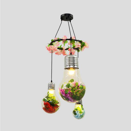 Industrial Pendant Ceiling Lamp - Clear Glass Bulb Cluster with 3 LED Lights, Black Finish and Flower Decoration