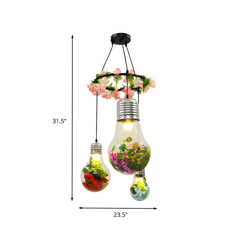 Industrial Pendant Ceiling Lamp - Clear Glass Bulb Cluster with 3 LED Lights, Black Finish and Flower Decoration