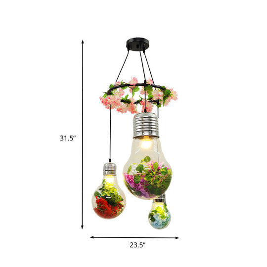 Industrial 3-Light Clear Glass Pendant Ceiling Lamp With Flower Decoration And Led Bulbs In Black