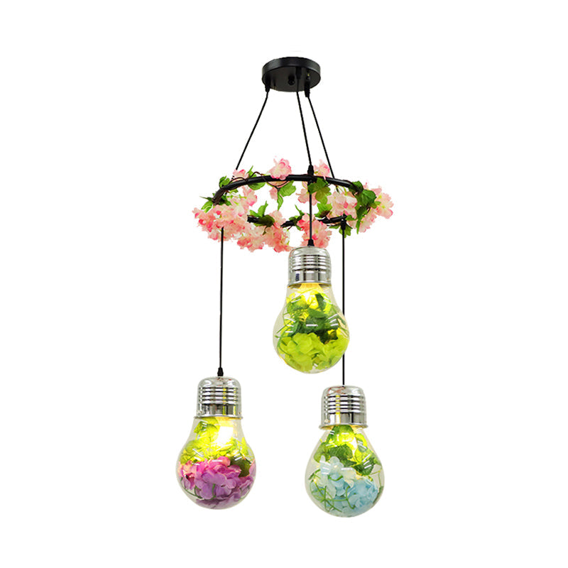 Industrial Pendant Ceiling Lamp - Clear Glass Bulb Cluster with 3 LED Lights, Black Finish and Flower Decoration