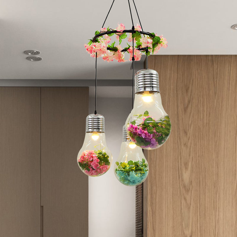 Industrial 3-Light Clear Glass Pendant Ceiling Lamp With Flower Decoration And Led Bulbs In Black