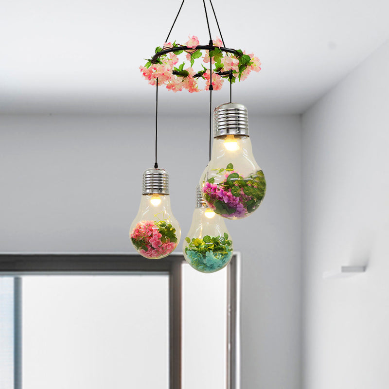 Industrial Pendant Ceiling Lamp - Clear Glass Bulb Cluster with 3 LED Lights, Black Finish and Flower Decoration