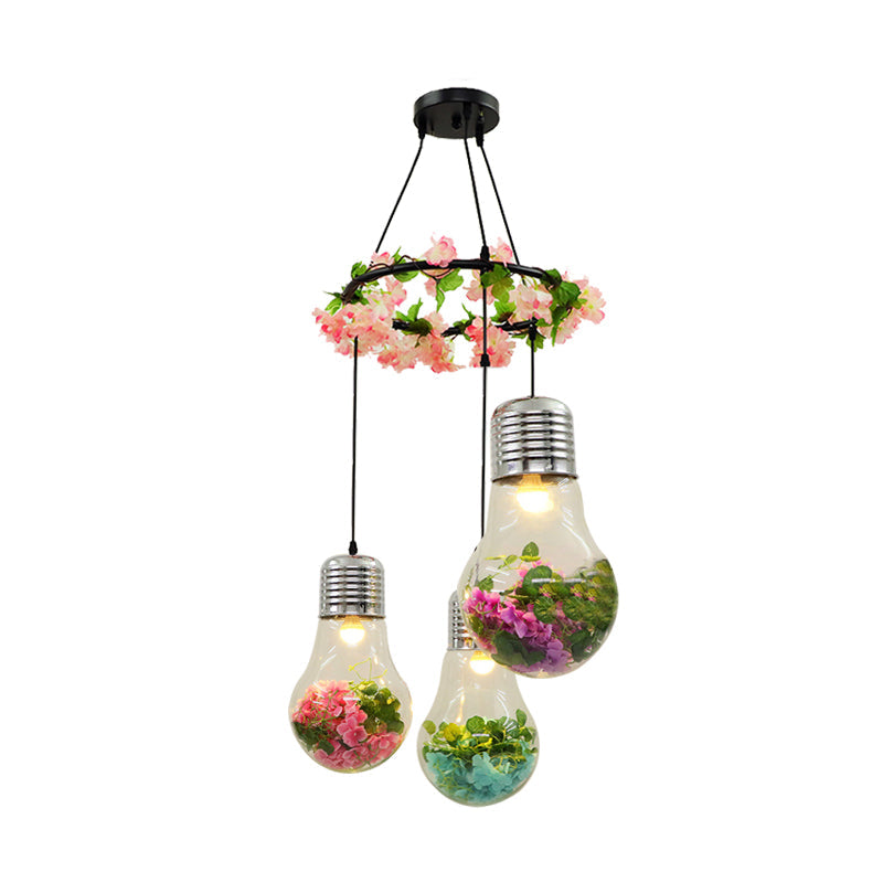 Industrial Pendant Ceiling Lamp - Clear Glass Bulb Cluster with 3 LED Lights, Black Finish and Flower Decoration