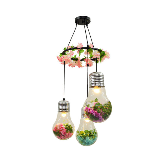 Industrial 3-Light Clear Glass Pendant Ceiling Lamp With Flower Decoration And Led Bulbs In Black