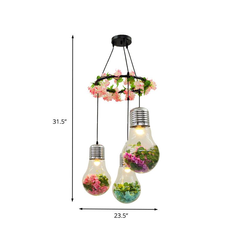 Industrial Pendant Ceiling Lamp - Clear Glass Bulb Cluster with 3 LED Lights, Black Finish and Flower Decoration