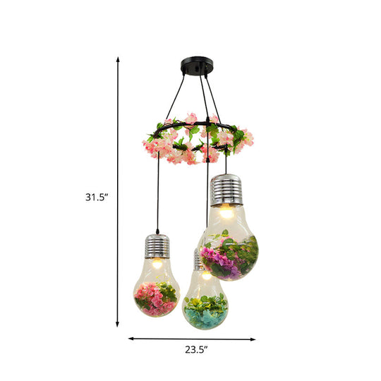 Industrial 3-Light Clear Glass Pendant Ceiling Lamp With Flower Decoration And Led Bulbs In Black