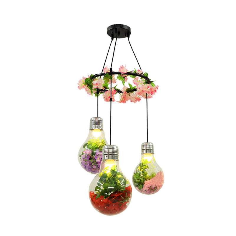 Industrial Pendant Ceiling Lamp - Clear Glass Bulb Cluster with 3 LED Lights, Black Finish and Flower Decoration