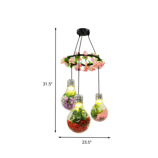 Industrial 3-Light Clear Glass Pendant Ceiling Lamp With Flower Decoration And Led Bulbs In Black