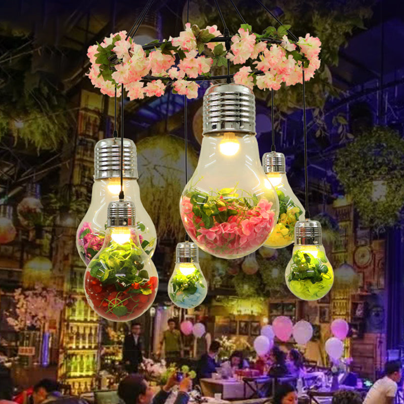 6-Head Industrial Cluster Pendant Light For Restaurants Black With Clear Glass Bulb Shape Led Flower