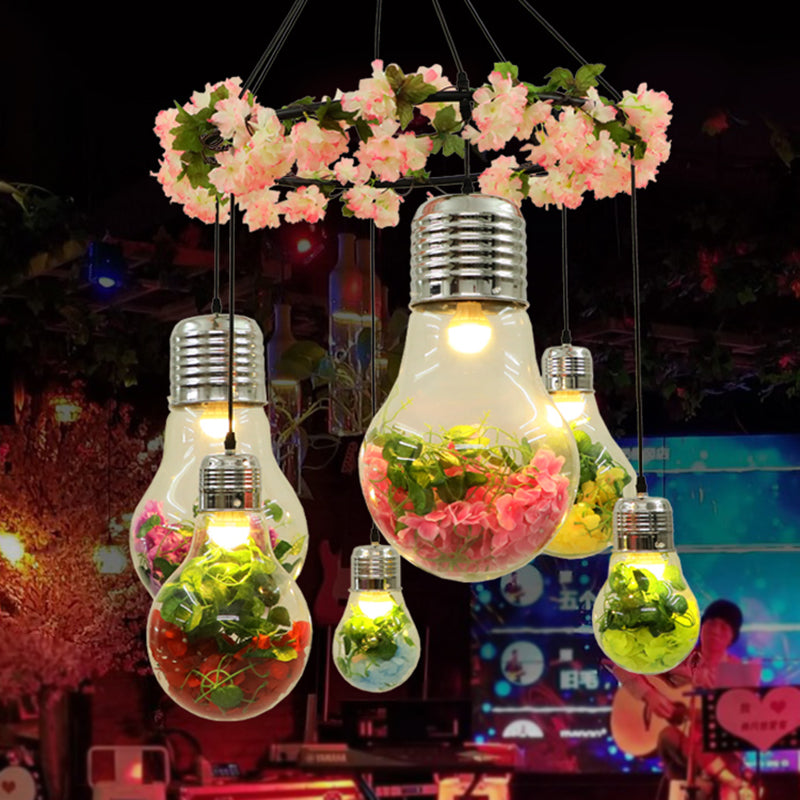 6-Head Industrial Cluster Pendant Light For Restaurants Black With Clear Glass Bulb Shape Led Flower