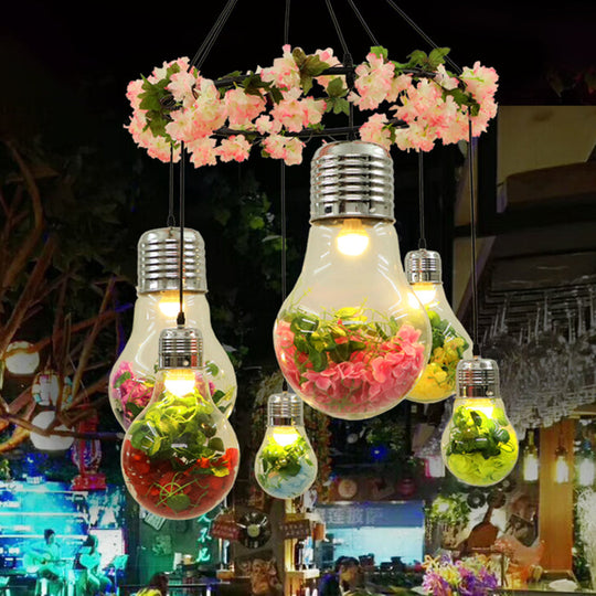 6-Head Industrial Cluster Pendant Light For Restaurants Black With Clear Glass Bulb Shape Led Flower