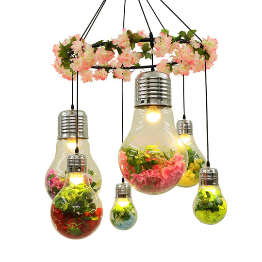 6-Head Industrial Cluster Pendant Light For Restaurants Black With Clear Glass Bulb Shape Led Flower