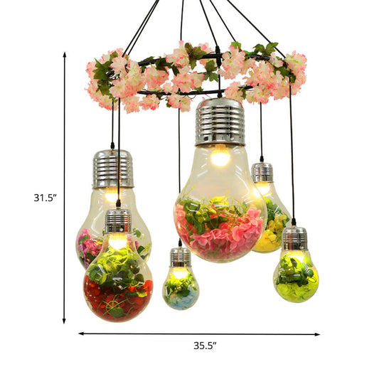 6-Head Industrial Cluster Pendant Light For Restaurants Black With Clear Glass Bulb Shape Led Flower