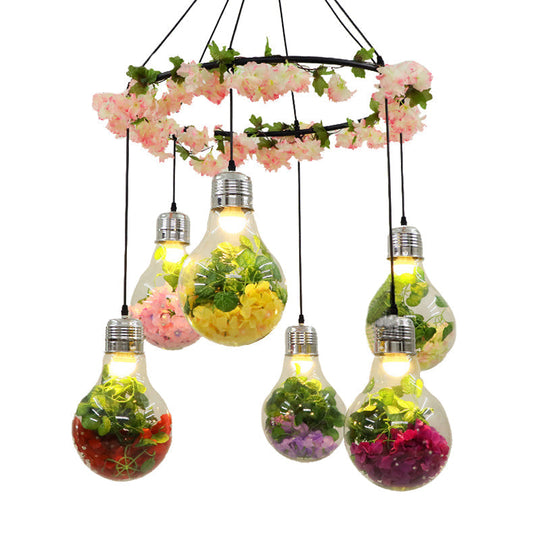 6-Head Industrial Cluster Pendant Light For Restaurants Black With Clear Glass Bulb Shape Led Flower