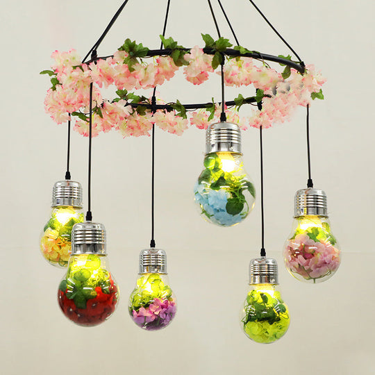 6-Head Industrial Cluster Pendant Light For Restaurants Black With Clear Glass Bulb Shape Led Flower