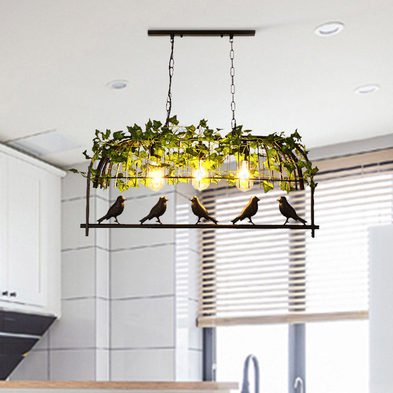 Industrial Birdcage Island Ceiling Light With Plant Decoration 3 Black Metal Hanging Lights